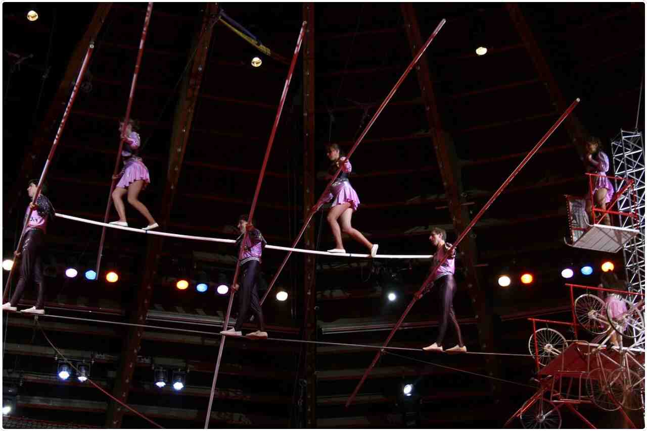 Circus acrobats balancing on each other's shoulders.